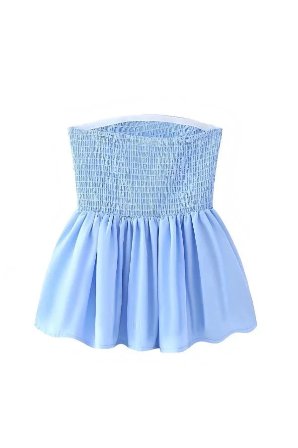 Strapless Ruffle Tube Top Floral Print Blue Peplum Elegant Summer Style