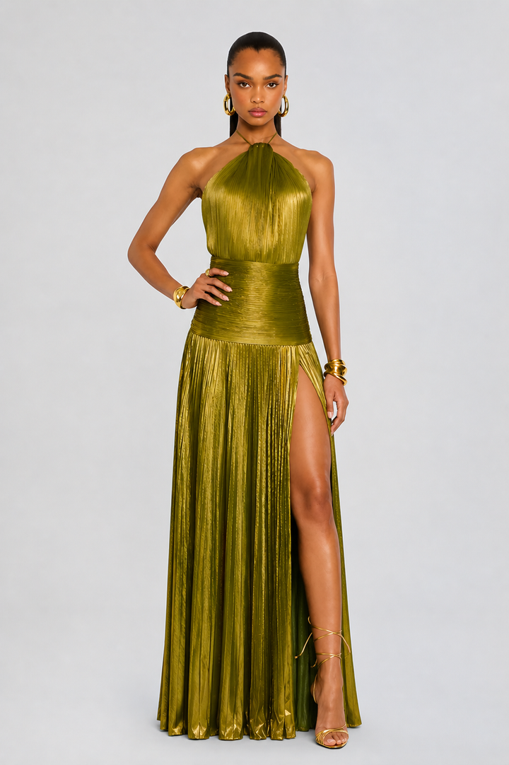 Long Halter Neck Dress for Women with Pleated Skirt and Open Back