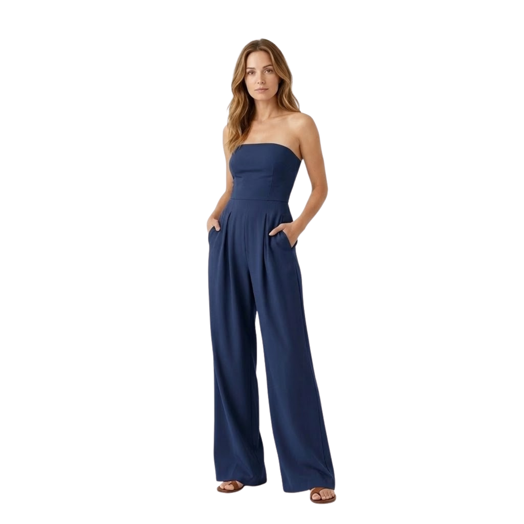 Strapless Jumpsuit Bustier Fitted Waist Wide Leg Elegant Style