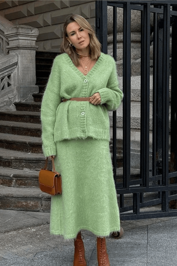 Two Piece Set Long Sleeve Button Top Maxi Skirt Elegant Style