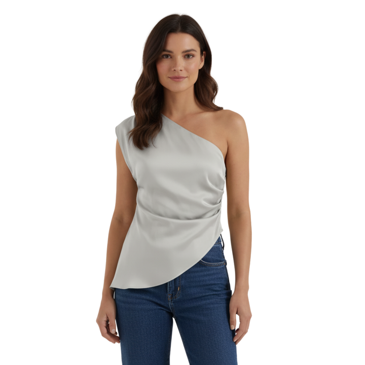 Top One Shoulder Gathered Detail Sculptural Hem Elegant Style