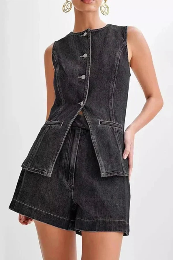 Two Piece Denim Vest and Shorts Set – Casual Chic Summer Style