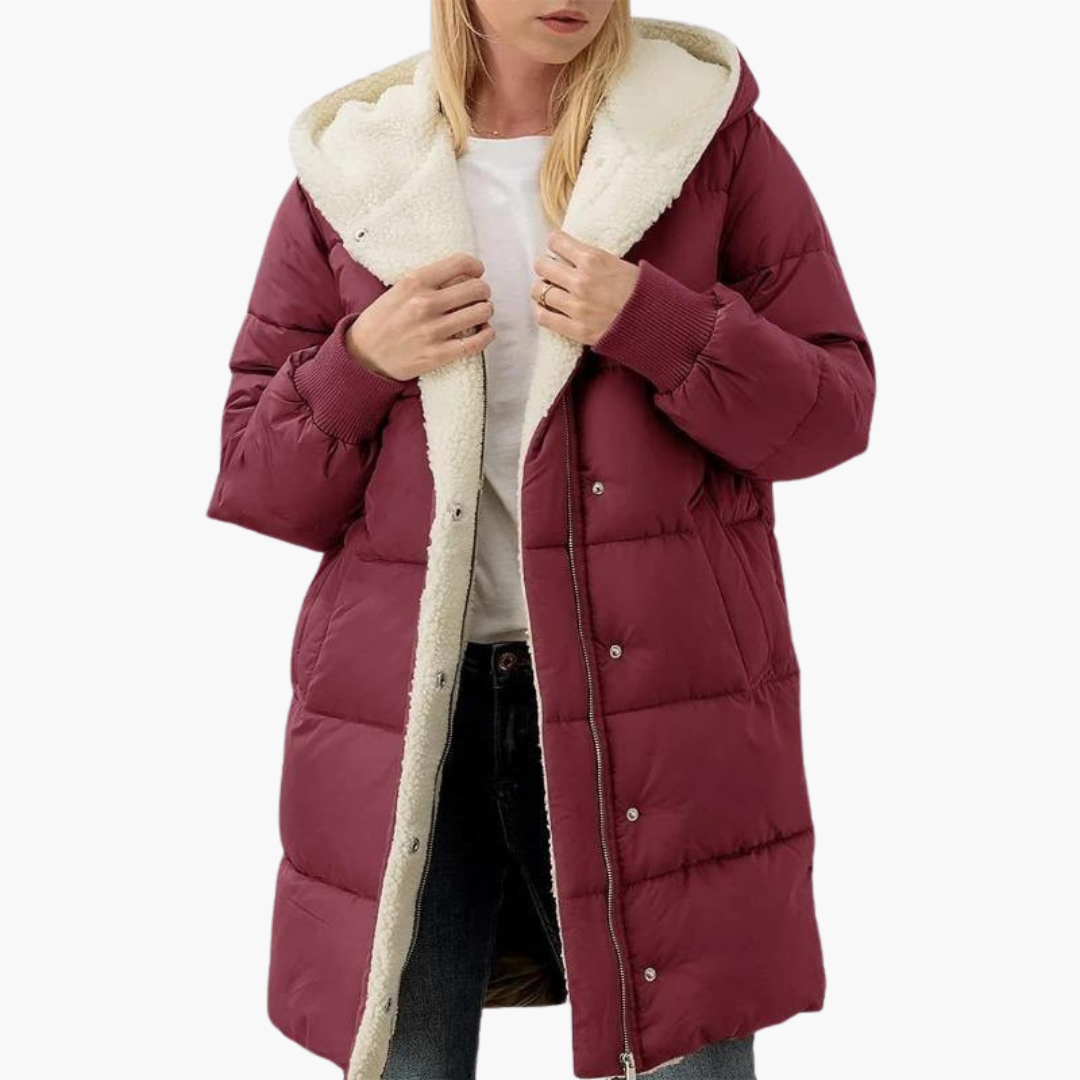 Womens Hooded Puffer Coat with Faux Fur Trim and Longline Fit