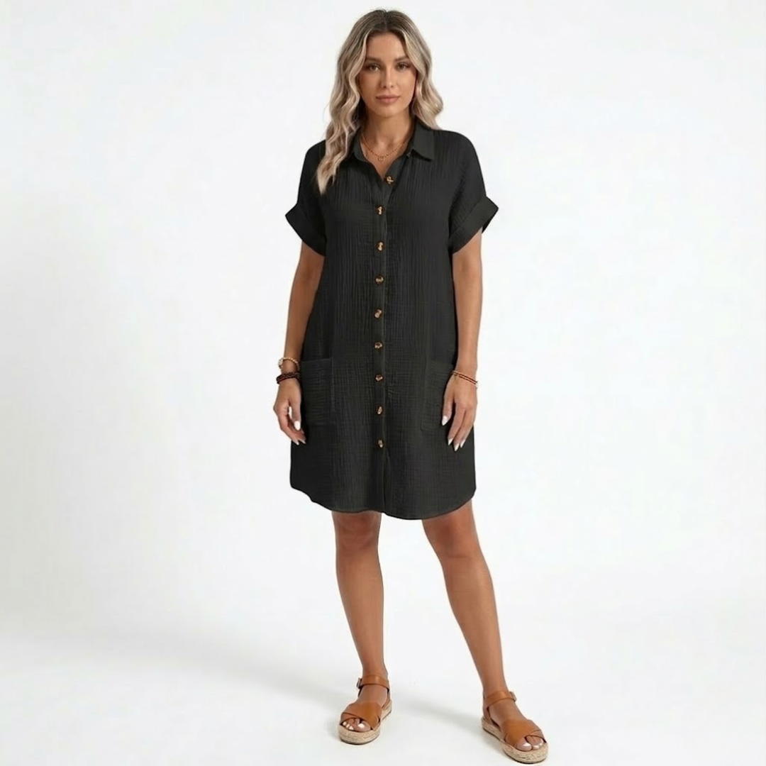 Mini Dress V Neck Three Quarter Sleeve Relaxed Summer Style