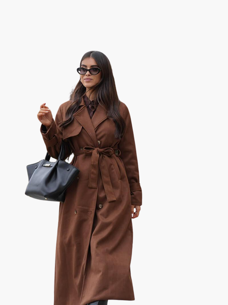 Womens Suede Trench Coat with Belted Waist and Notch Lapels