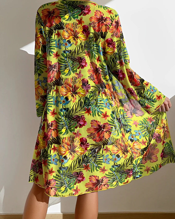Bikini Three Piece Floral Sheer Cover Up Swimwear