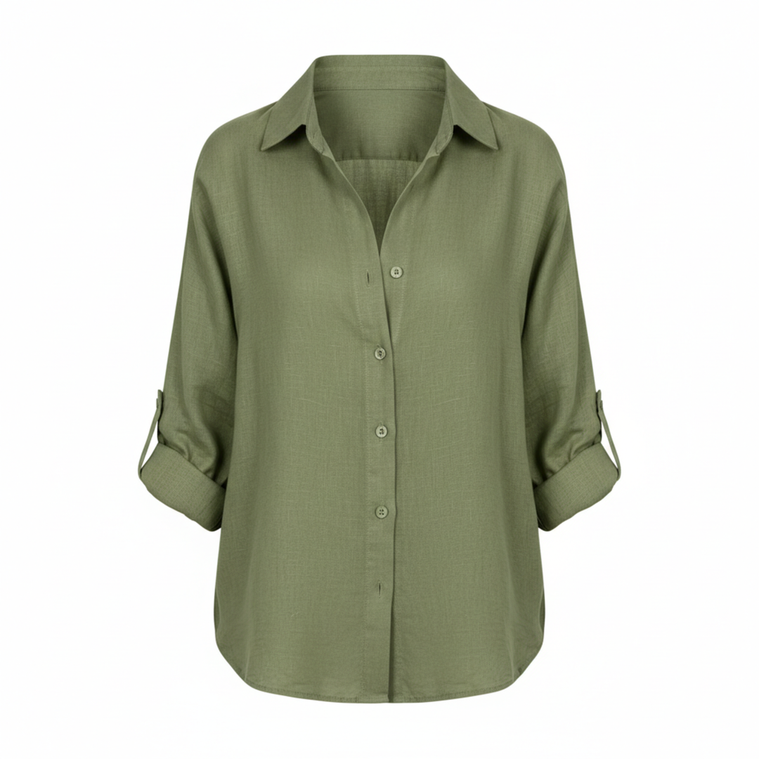 Shirt Button Up Three Quarter Sleeve Split Neck Relaxed Casual Style