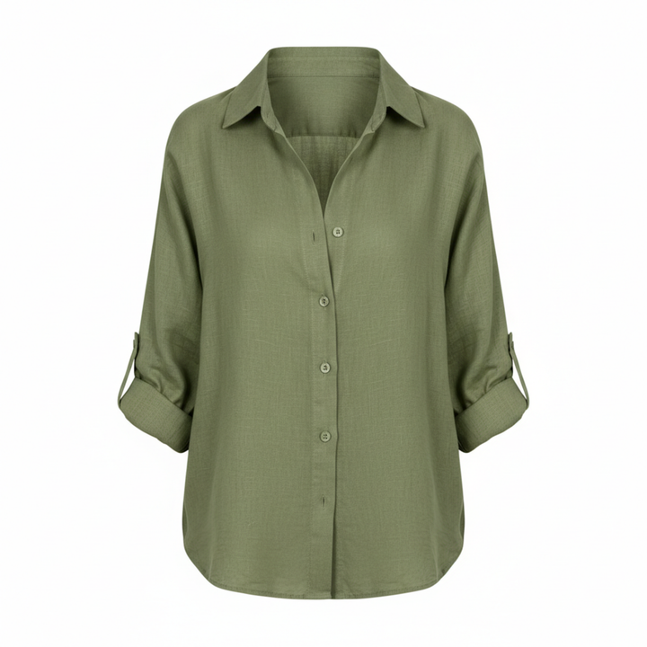 Shirt Button Up Three Quarter Sleeve Split Neck Relaxed Casual Style