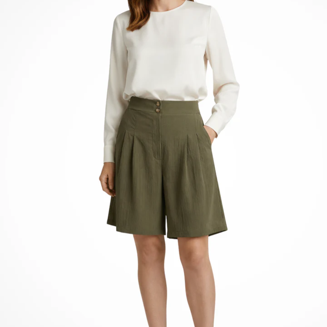 Bermuda Shorts High Waist Structured Wide Leg Pleated Elegant Style