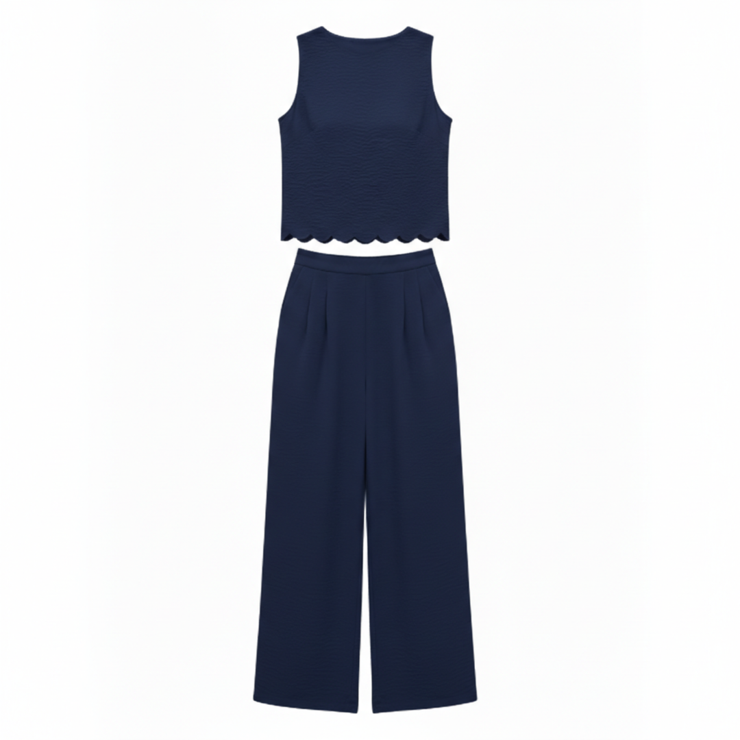 Two Piece Set Sleeveless Shell Trim Top Ankle Length Wide Leg Pants
