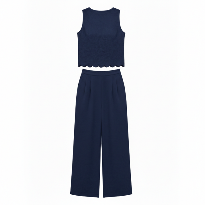 Two Piece Set Sleeveless Shell Trim Top Ankle Length Wide Leg Pants