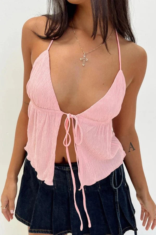 Halter Top Tie Front Y2K Textured Fringed Burgundy Summer Style