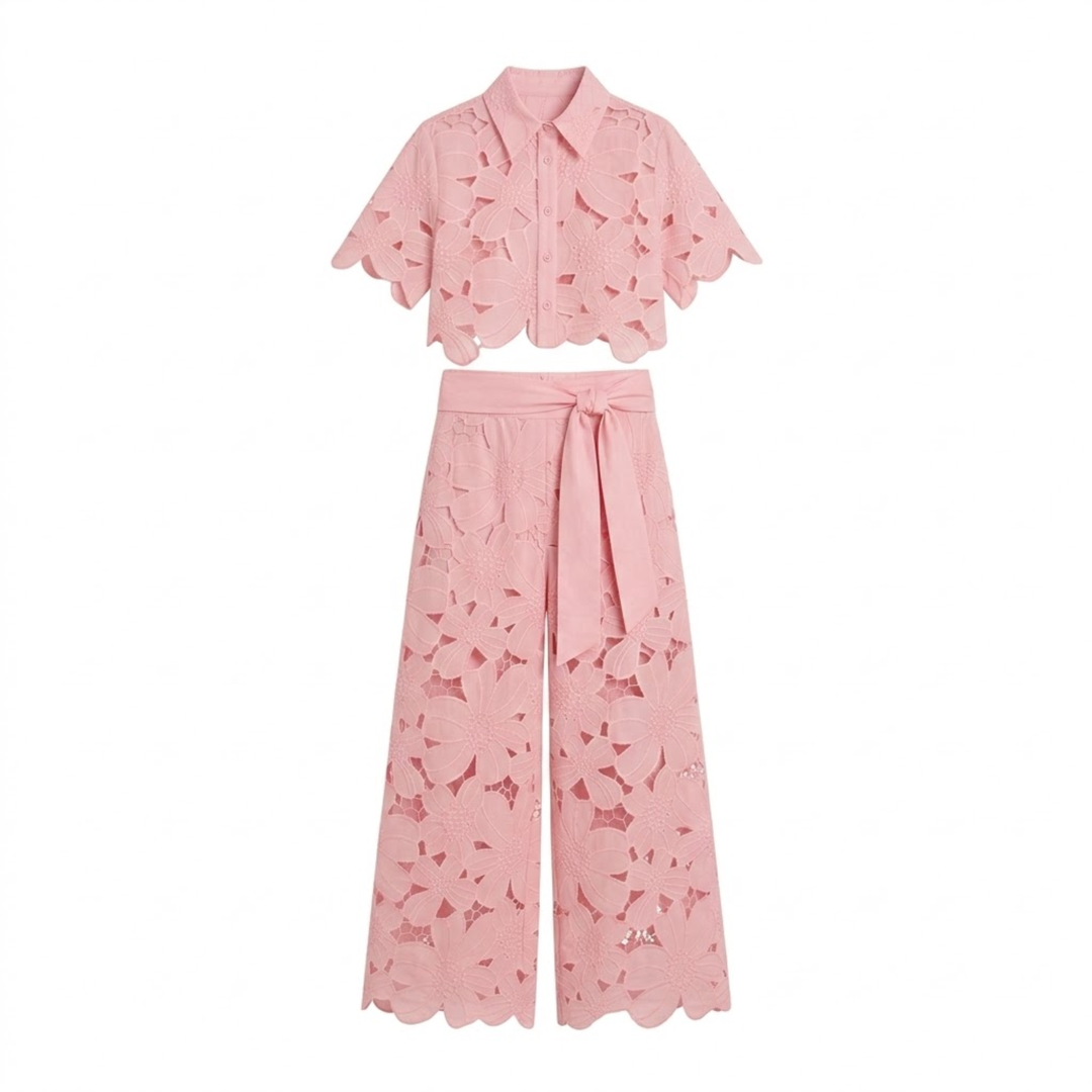 Two Piece Set Lace Top Wide Leg Pants Elegant Style