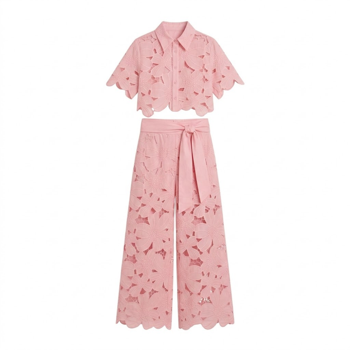 Two Piece Set Lace Top Wide Leg Pants Elegant Style