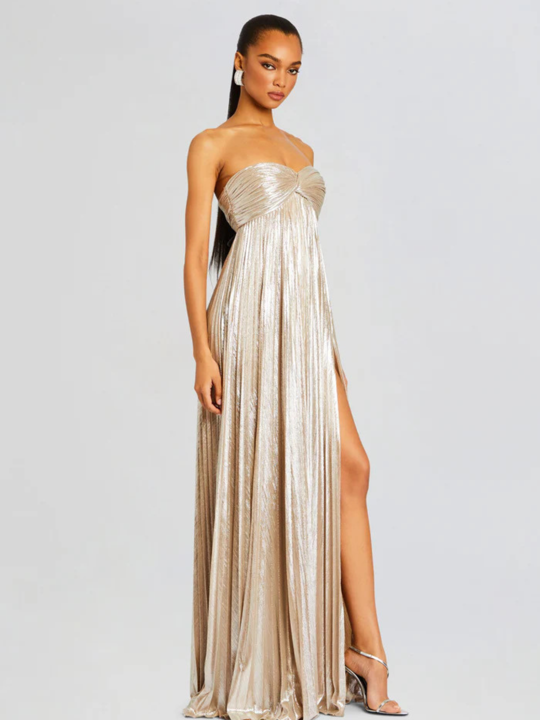 Long Strapless Dress for Women with Twisted Bodice and High Slit