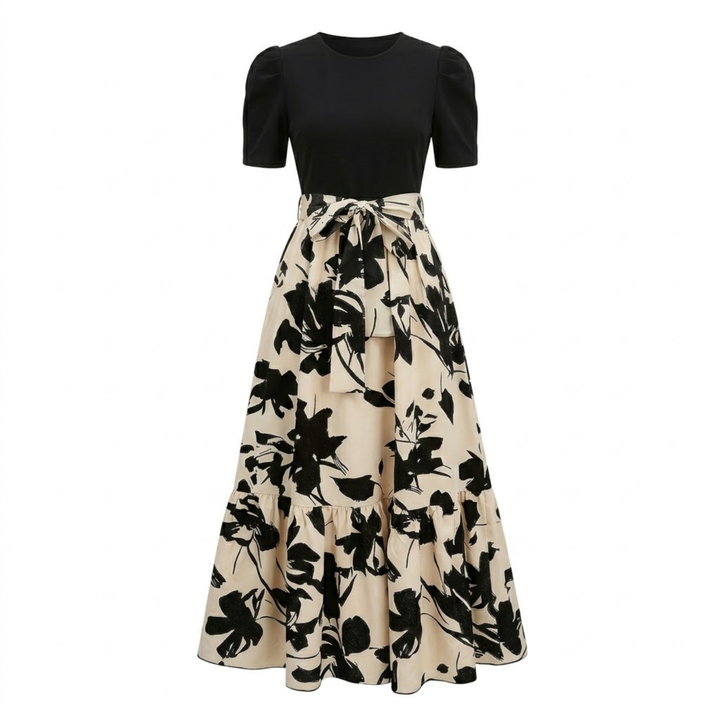 A-Line Maxi Dress Floral Print Belted Waist Puff Sleeve Elegant Style