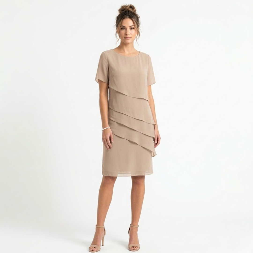 Evening Dress Layered Ruffle Chiffon Round Neck Elegant Style