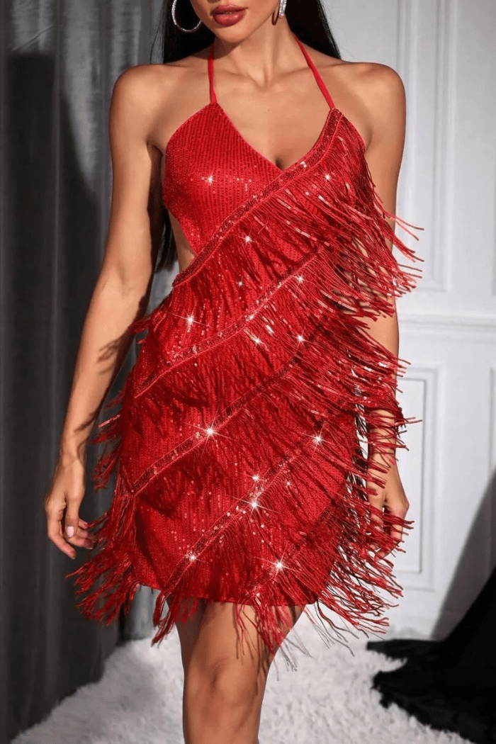 Halter Neck Mini Dress Tassel Fringe Detail Bodycon Fit Party Style