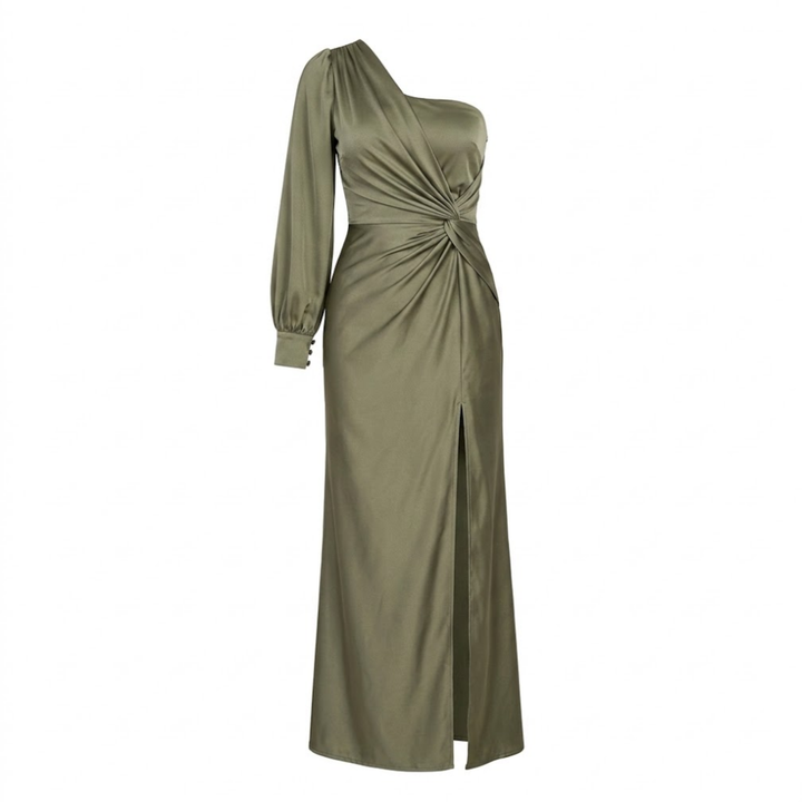 Satin Evening Dress Off Shoulder Draped Bow Side Slit Elegant Style