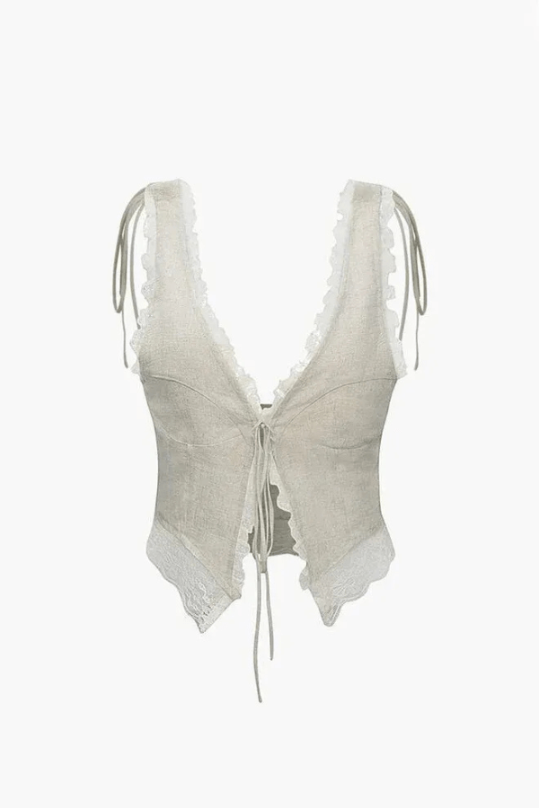 Plunge Lace Top Tie Front Cut Out Mesh Elegant Boho Statement Style