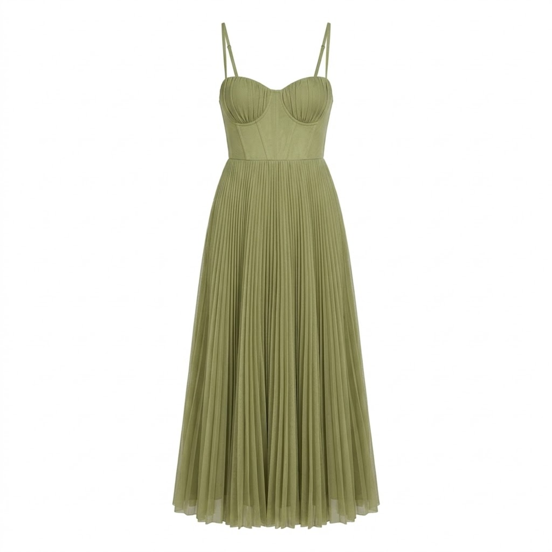 Pleated Evening Dress Strapless Bustier Back Zip Elegant Maxi Style