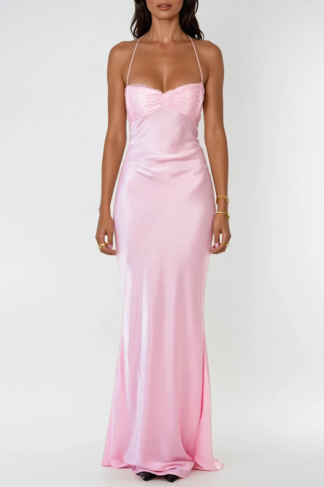 Long Dress Halter Neck Embellished Lace Back Straight Cut for Women