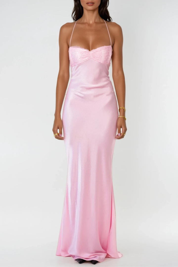 Long Dress Halter Neck Embellished Lace Back Straight Cut for Women