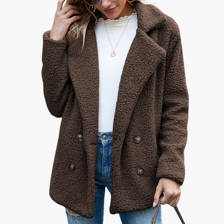 Womens Teddy Jacket with Notch Lapel Double Breasted Front and Relaxed Fit