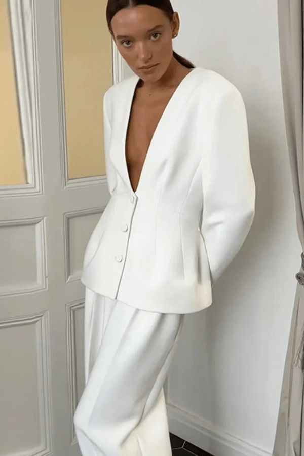 Two Piece Suit Blazer Wide Leg Trousers Elegant Tailored Style