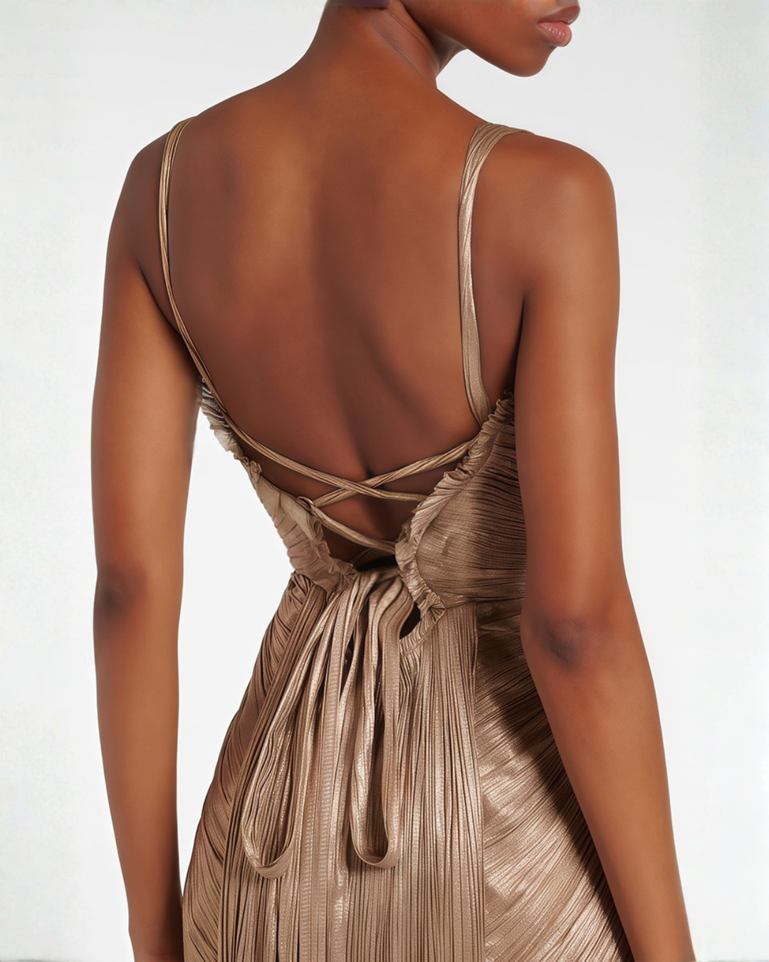 Womens Maxi Dress with Pleated Bustier Thin Straps and Lace Up Back