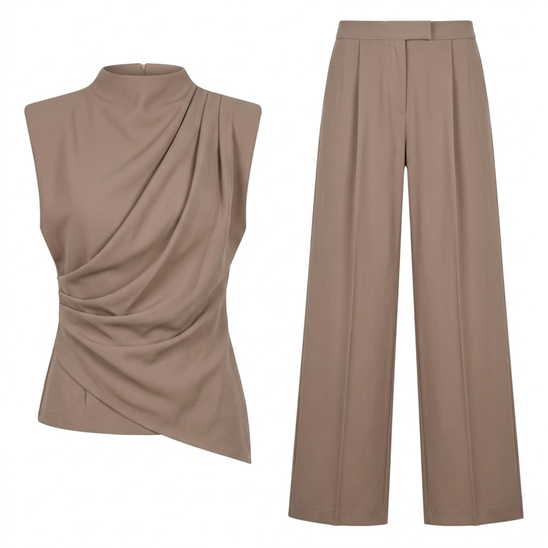 Two Piece Set Sleeveless Draped Top Wide Leg Pants Elegant Fit