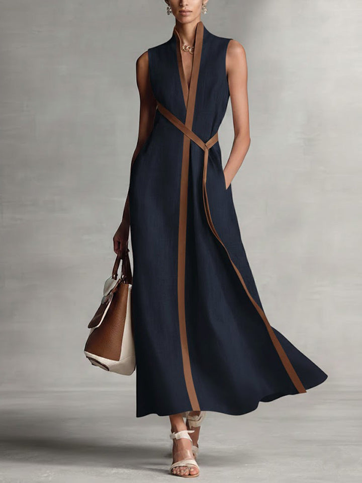 Sleeveless Midi Dress Contrast Trim V Neck Belt for Women