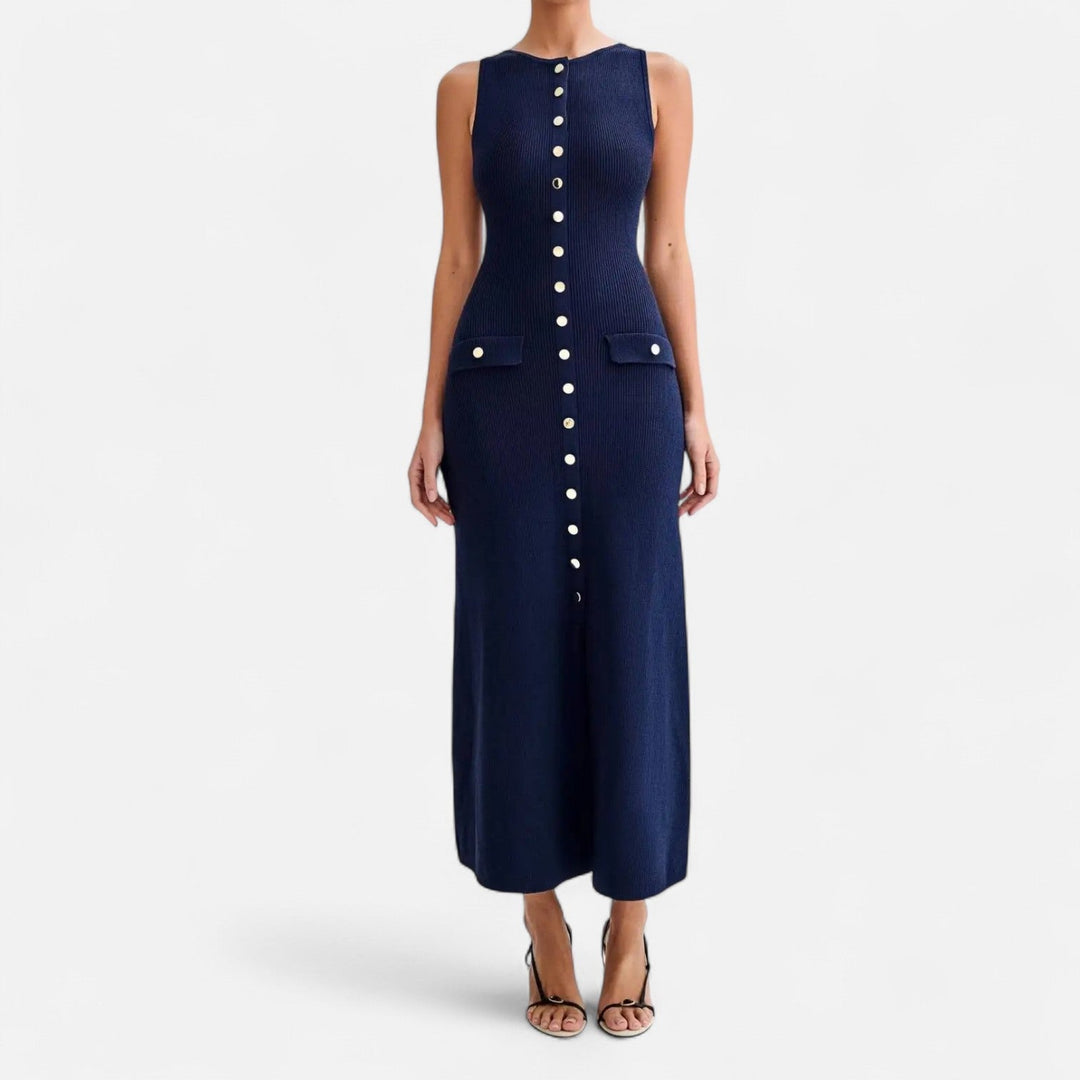 Knit Maxi Dress Button Detail Sleeveless Elegant Summer Style
