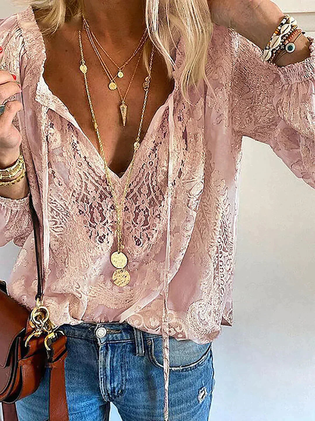 Blouse Lace Detail Tie Neck Relaxed Fit Boho Style