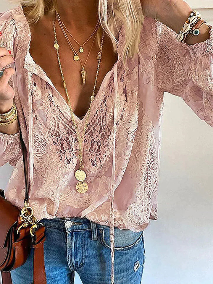 Blouse Lace Detail Tie Neck Relaxed Fit Boho Style