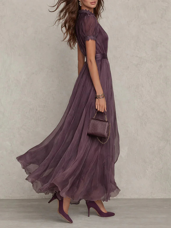 Long Dress High Collar Puffed Sleeves Pleated for Women