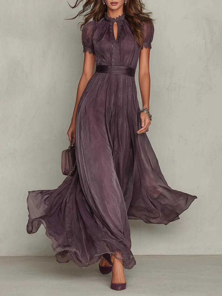 Long Dress High Collar Puffed Sleeves Pleated for Women