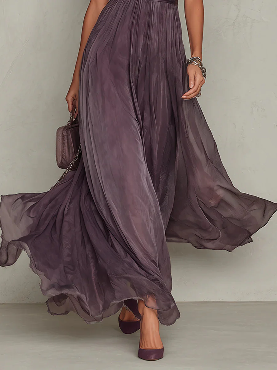 Long Dress High Collar Puffed Sleeves Pleated for Women