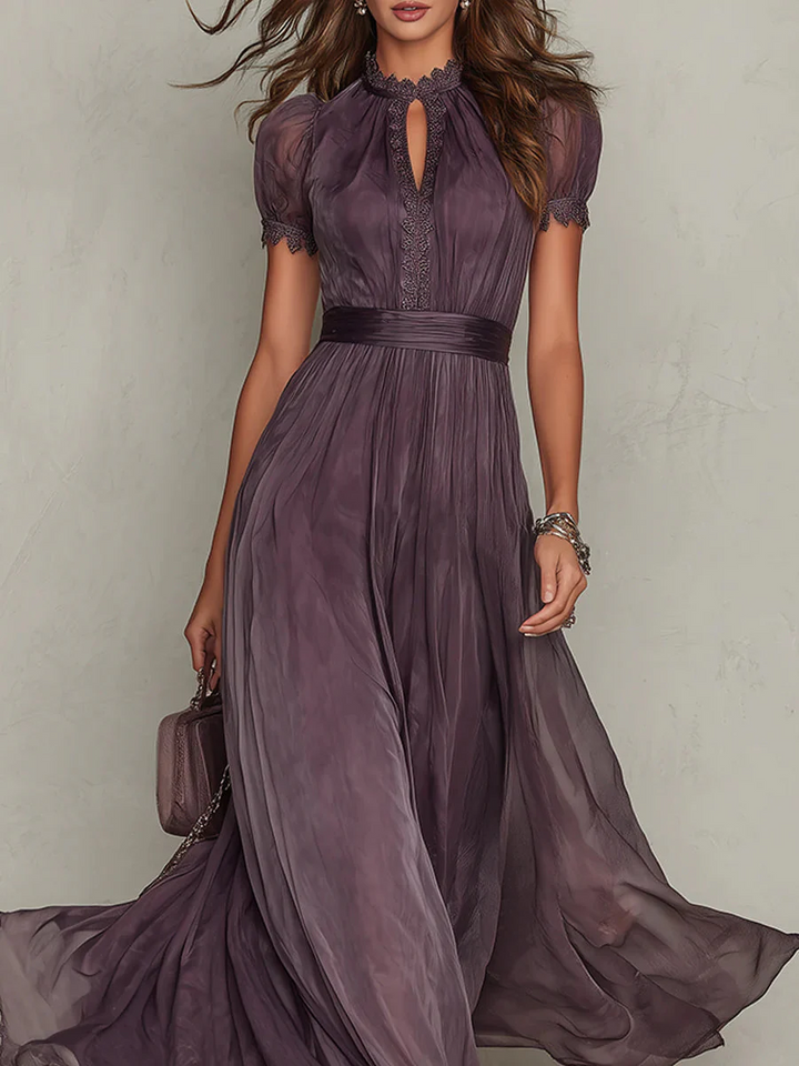 Long Dress High Collar Puffed Sleeves Pleated for Women
