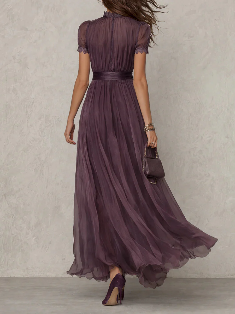 Long Dress High Collar Puffed Sleeves Pleated for Women