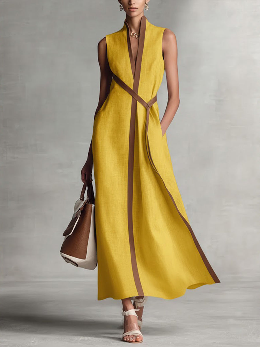 Sleeveless Midi Dress Contrast Trim V Neck Belt for Women