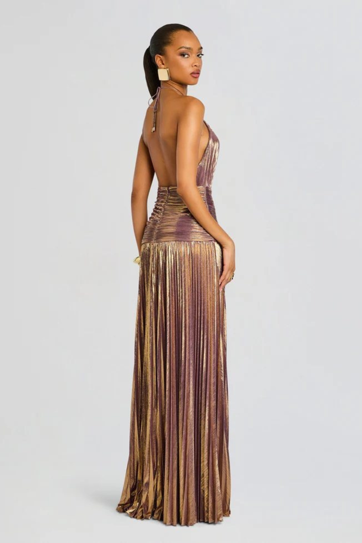 Long Halter Neck Dress for Women with Pleated Skirt and Open Back