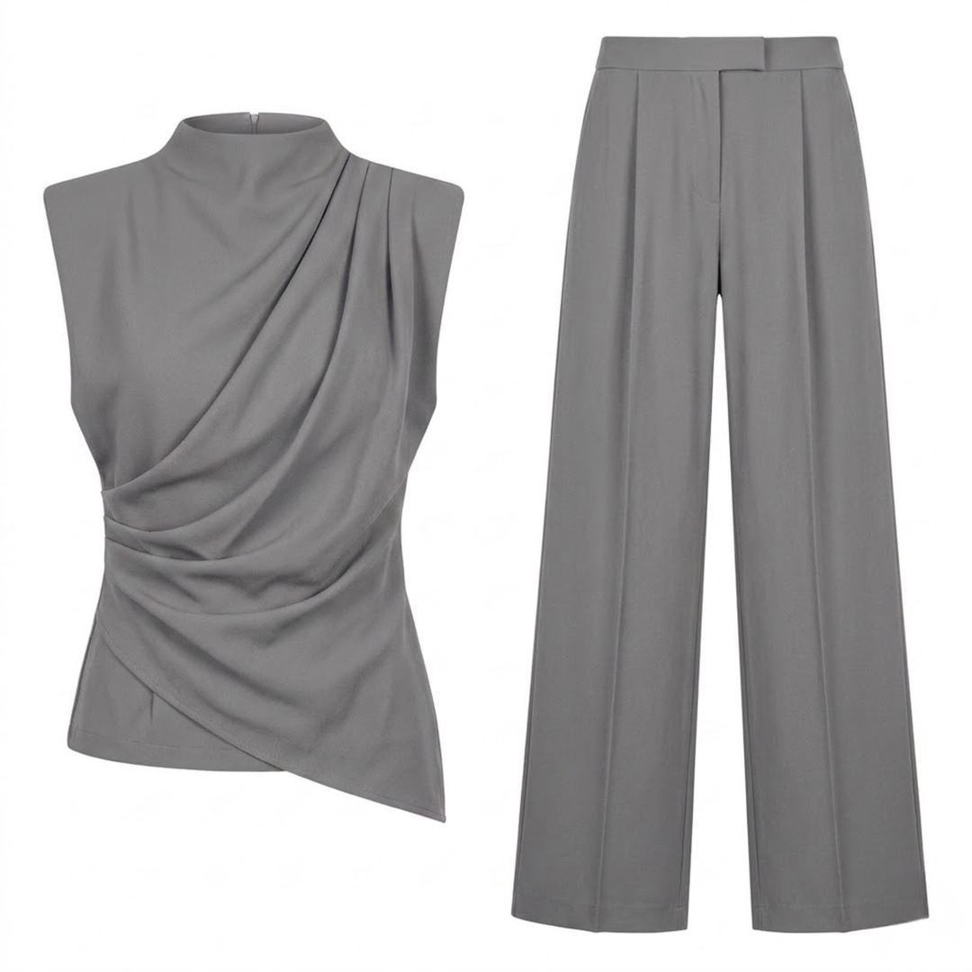 Two Piece Set Sleeveless Draped Top Wide Leg Pants Elegant Fit