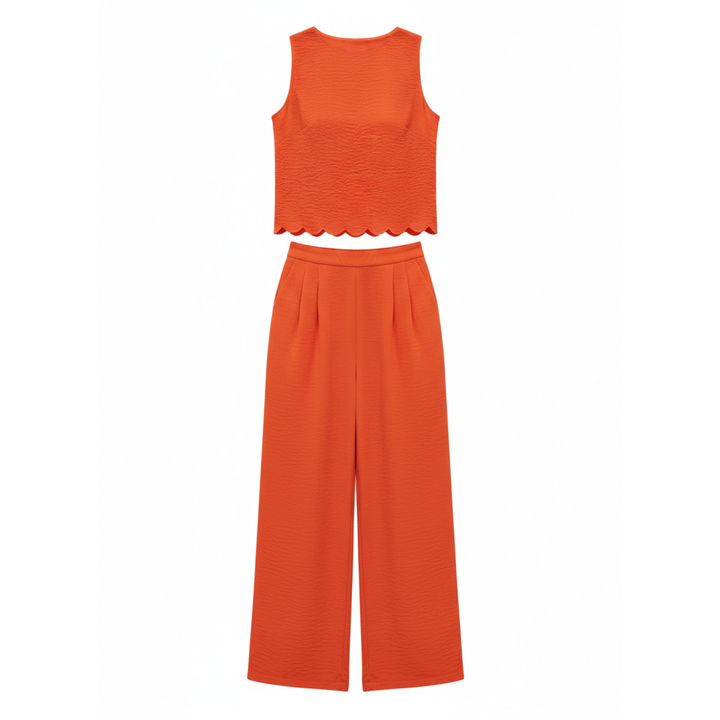 Two Piece Set Sleeveless Shell Trim Top Ankle Length Wide Leg Pants