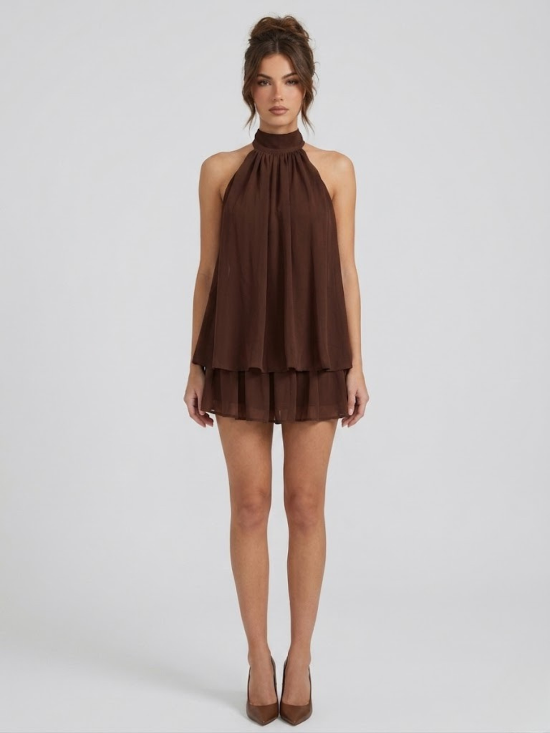 Short Halter Neck Backless Layered Ruffle Dress for Women