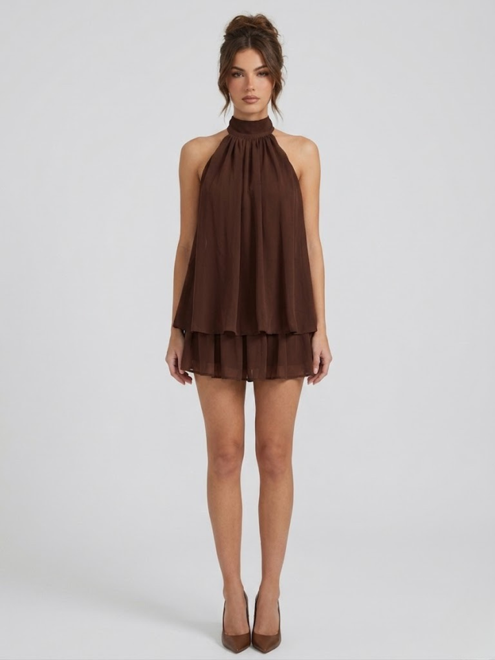 Short Halter Neck Backless Layered Ruffle Dress for Women