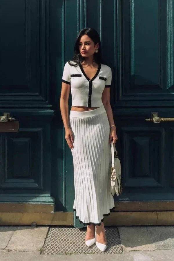 Two Piece Set V Neck Top Pleated Midi Skirt Elegant Style