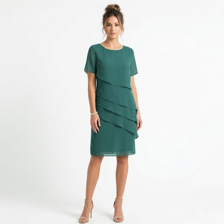 Evening Dress Layered Ruffle Chiffon Round Neck Elegant Style