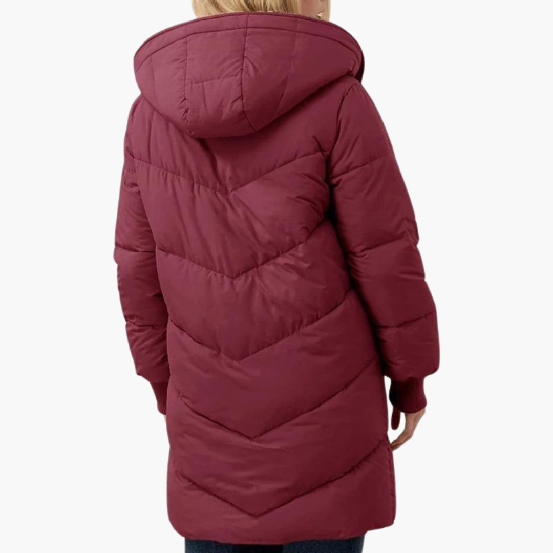 Womens Hooded Puffer Coat with Faux Fur Trim and Longline Fit