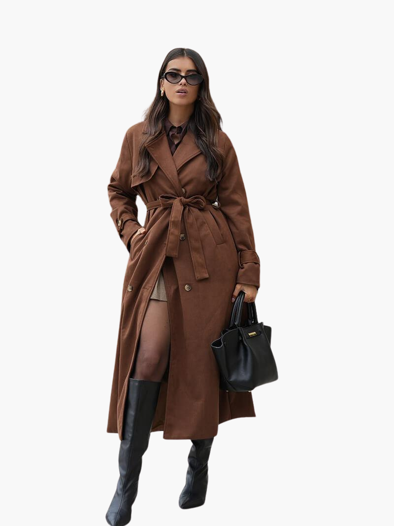 Womens Suede Trench Coat with Belted Waist and Notch Lapels